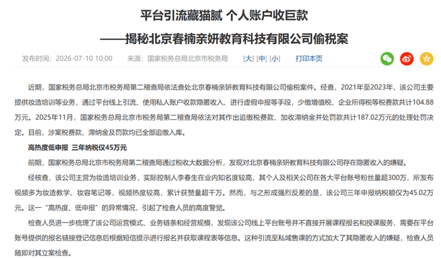 春楠温婉税务违规被处理,官方依法通报